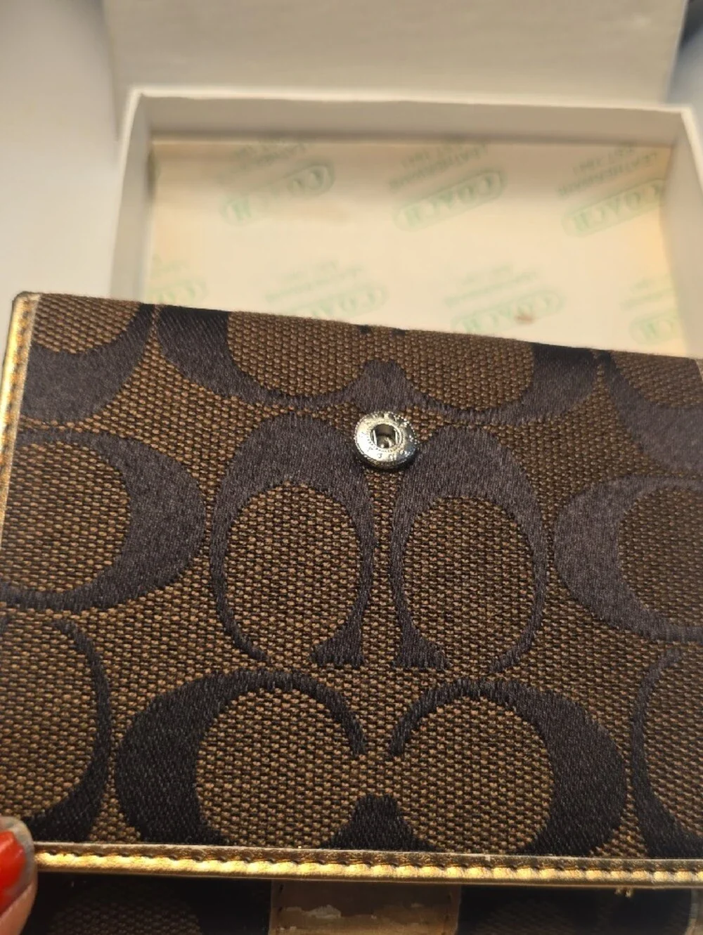 Coach Brown Signature Card Case with Gold Trim and Key Ring